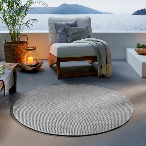 Outdoor Teppich | Für Drinnen und Draußen | Terrasse Balkon Garten Wohnzimmer Badezimmer Küche Flur Läufer | Grau Rund